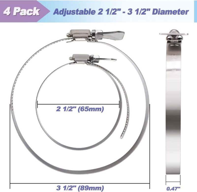 Pack de 4 colliers de serrage pour tuyaux de 3 pouces, ajustables de 2 1/2" à 3 1/2" de diamètre en acier inoxydable 304, avec vis moletée facile à tourner, colliers de serrage à vis pour sécuriser les tuyaux, sèche-linge, applications automobiles et mécaniques. | Pinces