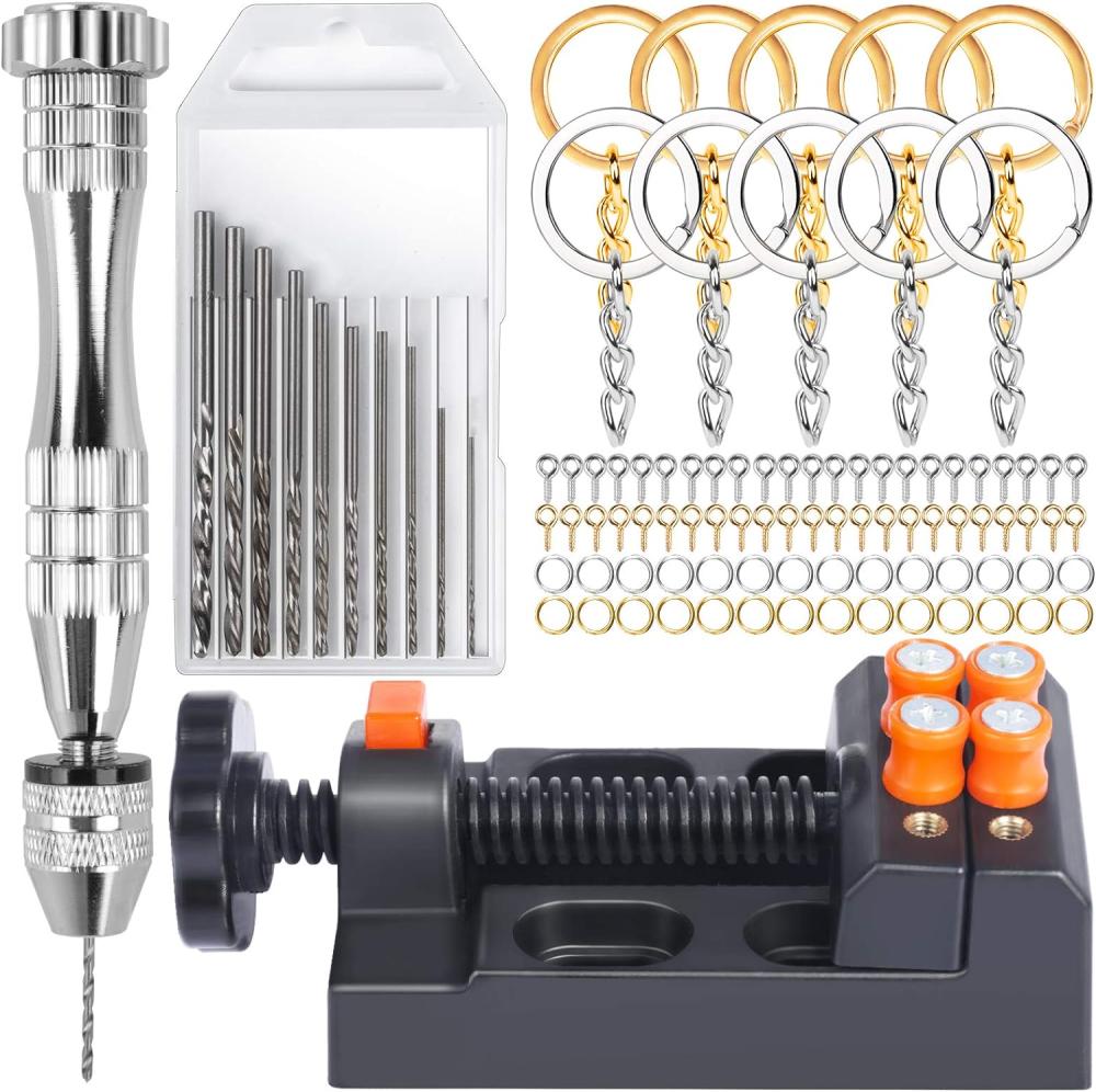 Perceuse manuelle, perceuse à épingle pour la fabrication de bijoux, mini perceuse avec petits forets, étau de perceuse, 210 pièces de fournitures pour la fabrication de porte-clés, outils en résine pour bijoux porte-clés et miniatures. | Étaux