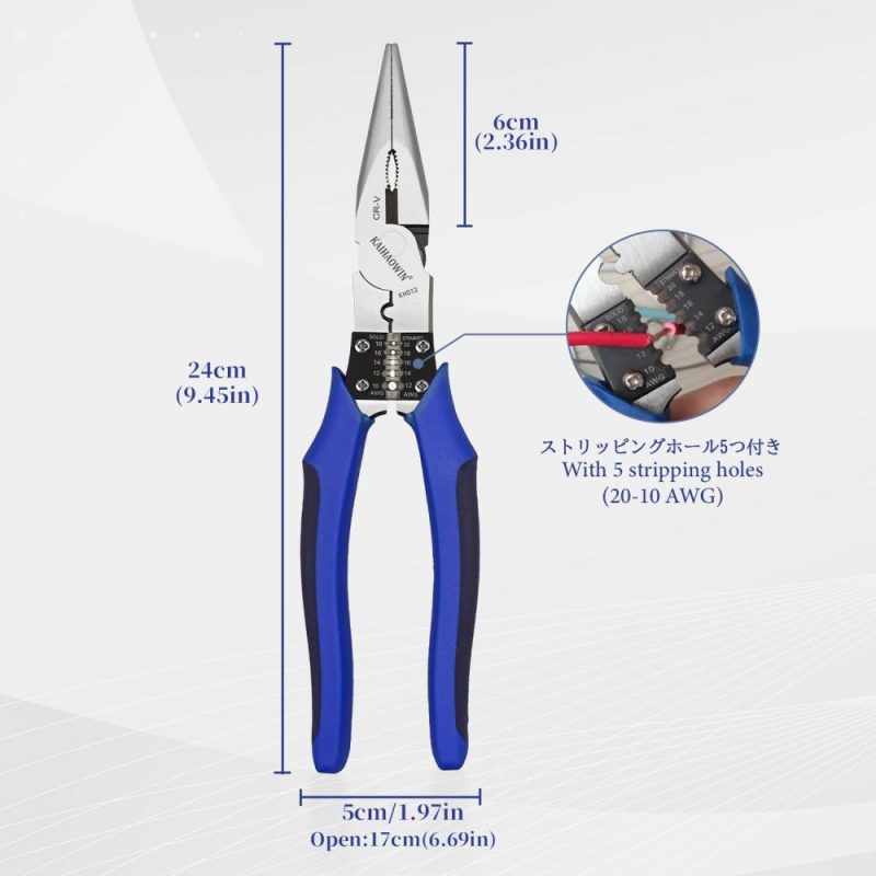 Pince à bec effilé 9" 6-en-1 en acier Cr-V, pince longue robuste avec coupe-fil, sertisseur, dénudeur, fonction de winding et de pincement – Pince combinée électrique industrielle | Pinces à Becs Pointus