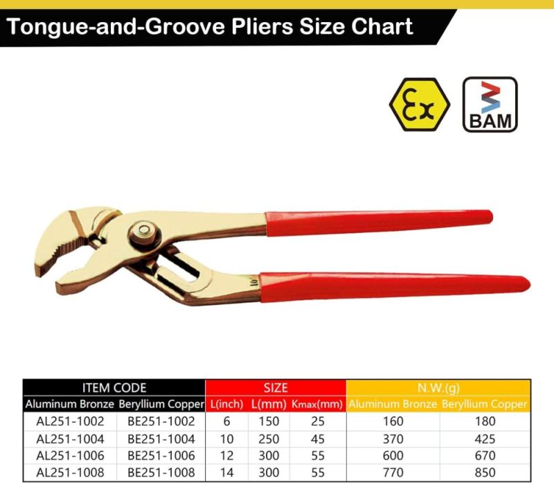 Pince à gorge, pince à gorge et à mâchoire, pince à glissement non étincelante, pince à glissement sans étincelles, bronze d’aluminium, 6", 150 mm, ouverture maximale de mâchoire 25 mm, norme DIN, certificat BAM et FM. | Pince à Languettes et Rainures