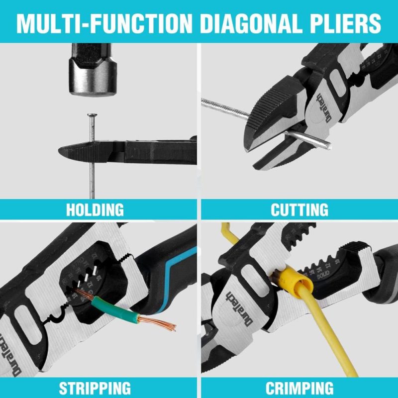 Pince coupante diagonale 4-en-1, pince multifonctionnelle robuste de 8" avec dénudeur de fil, coupe-fils avec poignée ergonomique pour électriciens et maisons. | Pince à Découper Sur le Côté