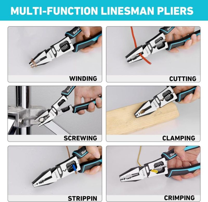 Pince de lineman 6-en-1, pince combinée multifonction de 8,5" avec fonction de dénudeur de fil/sertisseur/coupeur, pince de coupe latérale robuste pour sertir, dénuder, ciseler et visser. | Pince à Découper Sur le Côté