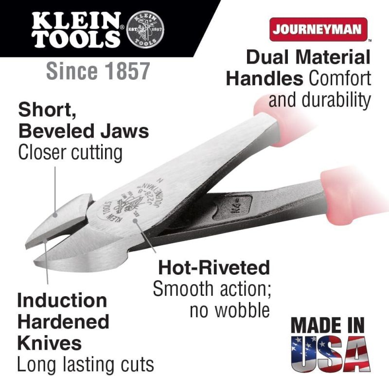Pince J228-8, Fabriqué aux États-Unis, Pince coupante diagonale avec poignées en matériau double, mâchoires courtes et bords de coupe biseautés, 8 pouces | Pince à Découper Sur le Côté