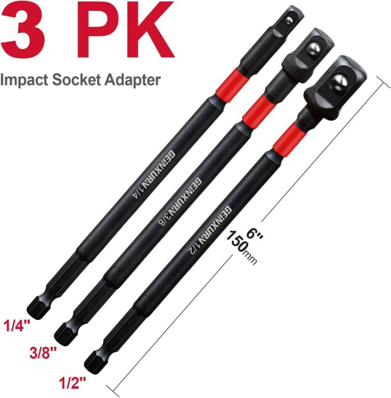 Set d’adaptateurs de douille à impact 3 pièces, 1/4", 3/8" et 1/2" de prise, mèche d’extension de 6 pouces avec support, adaptez votre perceuse électrique à une clé à chocs à couple élevé. | Douilles à Entraînement Individuel