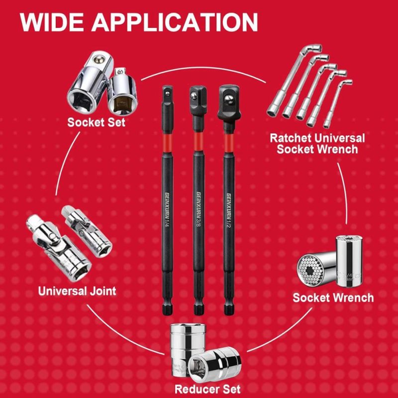 Set d’adaptateurs de douille à impact 3 pièces, 1/4", 3/8" et 1/2" de prise, mèche d’extension de 6 pouces avec support, adaptez votre perceuse électrique à une clé à chocs à couple élevé. | Douilles à Entraînement Individuel