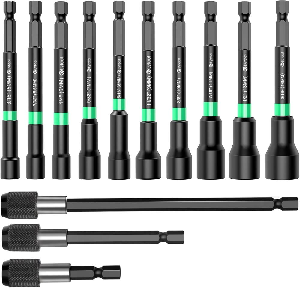 Set de 13 pièces de tournevis à douille magnétique, ensemble de tournevis à douille longs SAE et métriques pour perceuse à percussion, extensions à libération rapide, ensemble de forets hexagonaux de 1/4". | Tourne-écrous