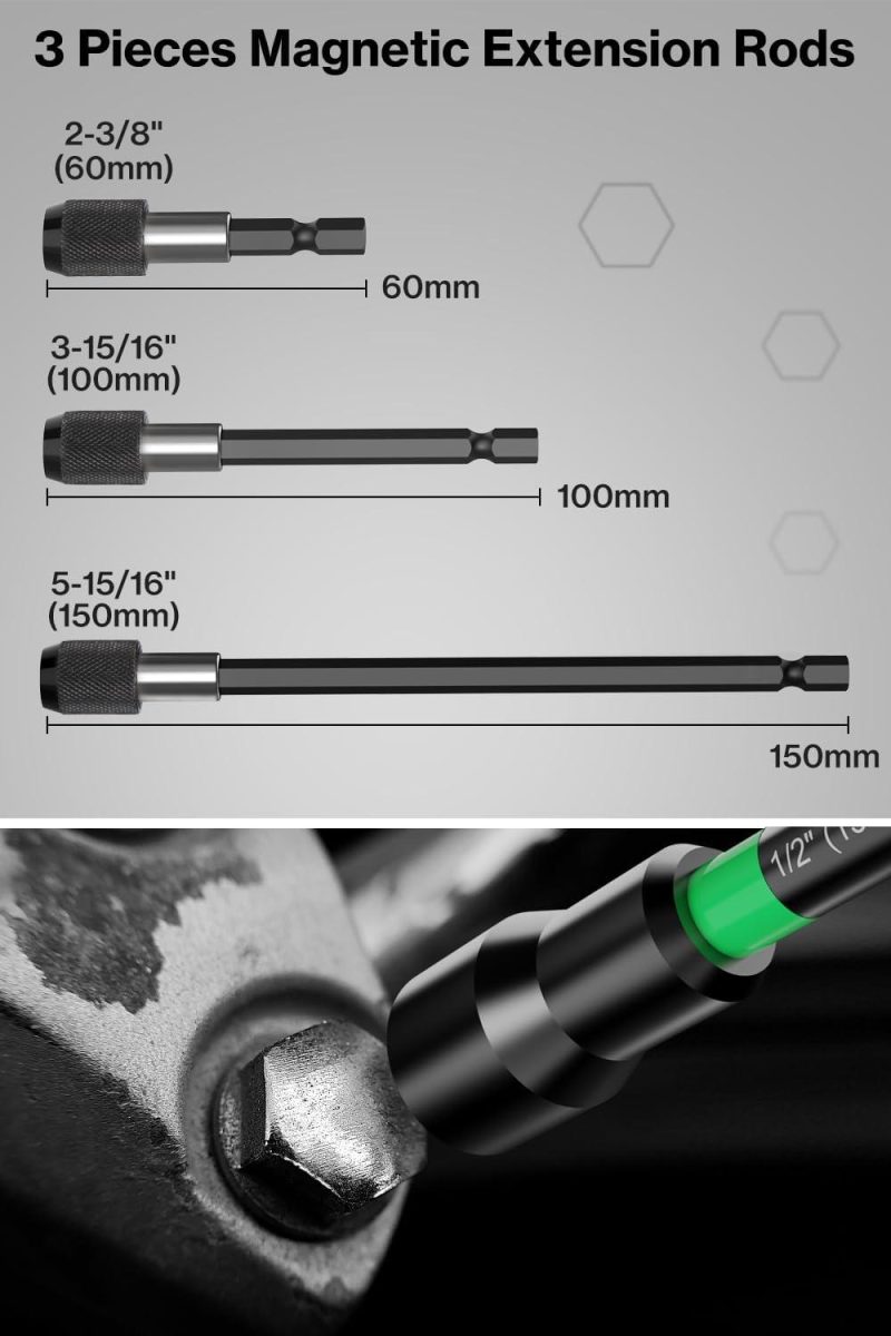 Set de 13 pièces de tournevis à douille magnétique, ensemble de tournevis à douille longs SAE et métriques pour perceuse à percussion, extensions à libération rapide, ensemble de forets hexagonaux de 1/4". | Tourne-écrous