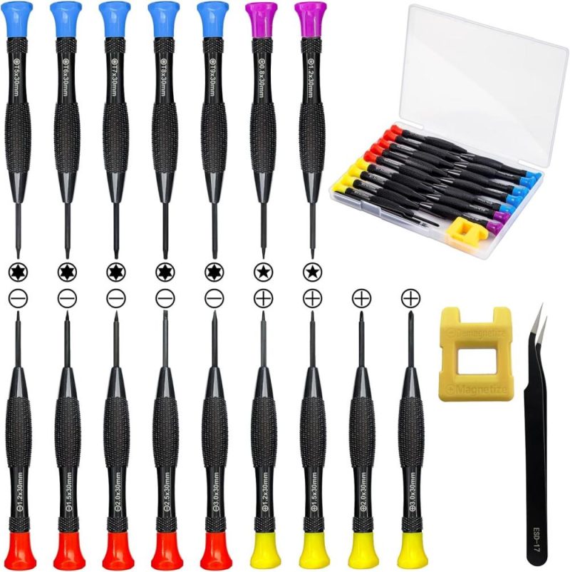 Set de 18 mini tournevis de précision avec étui, ensemble de tournevis plats, cruciformes, pentalobe et Torx magnétiques, ainsi que des pinces pour la réparation d’ordinateurs, de lunettes, de téléphones et de montres. | Sets de Tournevis