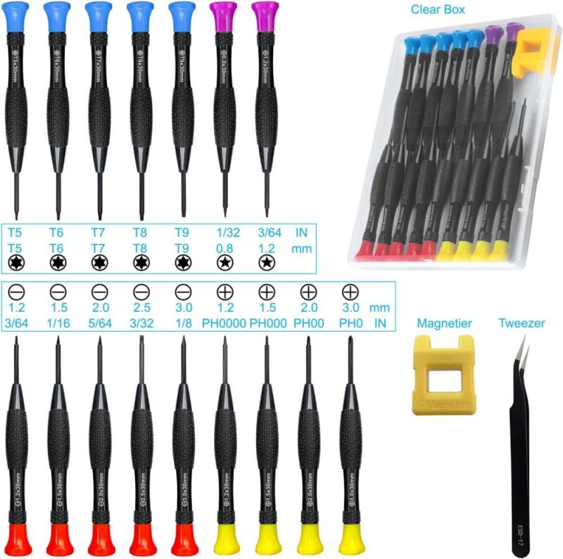 Set de 18 mini tournevis de précision avec étui, ensemble de tournevis plats, cruciformes, pentalobe et Torx magnétiques, ainsi que des pinces pour la réparation d’ordinateurs, de lunettes, de téléphones et de montres. | Sets de Tournevis