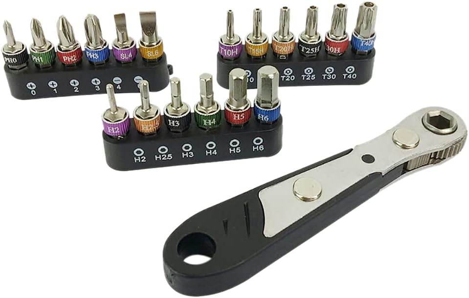 Set de 18 pièces de bits de tournevis en acier Crv avec emmanchement hexagonal de 1/4", clé à cliquet micro, clé à cliquet mini et kit de bits de tournevis, bits Philips, fente, hexagonaux et Torx, noir. | Verseurs à Embouts Multiples