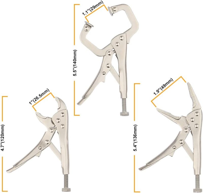 Set de 3 pinces mini verrouillables de 5 pouces, pince en C, pince à long nez, mâchoire ronde, outils polyvalents pour saisir, maintenir et sécuriser. | Pinces-étaux et Pinces de Blocage