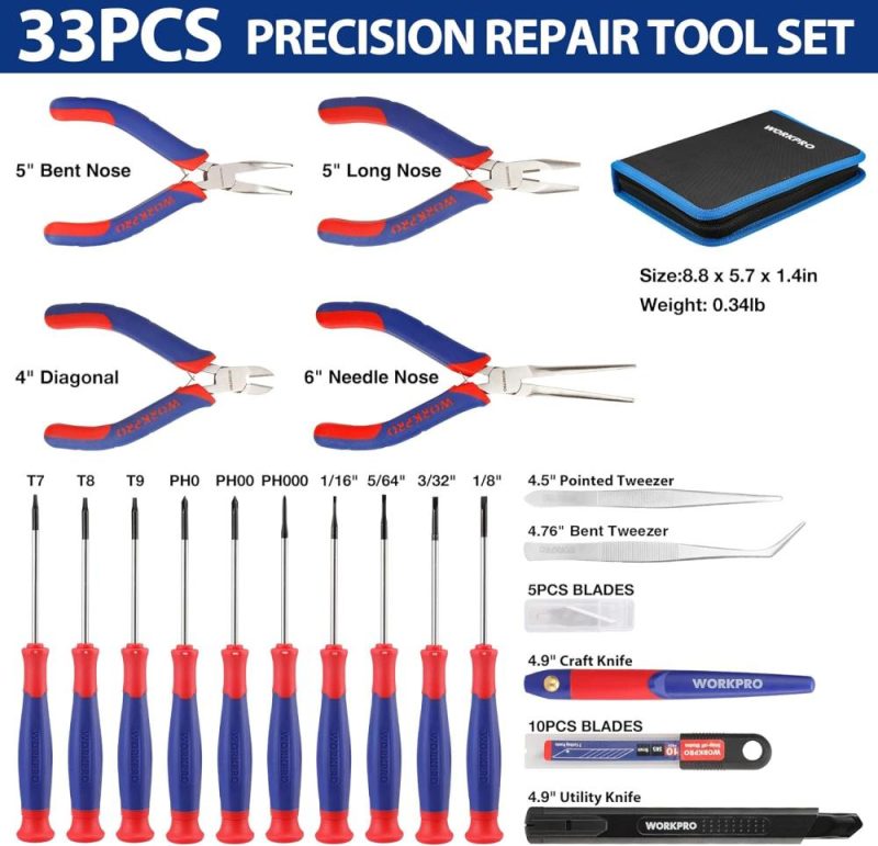 Set de 33 pièces d’outils de précision comprenant un ensemble de pinces, un ensemble de tournevis, un couteau de bricolage et d’utilité, des pinces, trousse d’outils de réparation électronique avec pochette pour ordinateurs portables, téléphones, ordinateurs et accessoires de jeu. | Sets de Tournevis