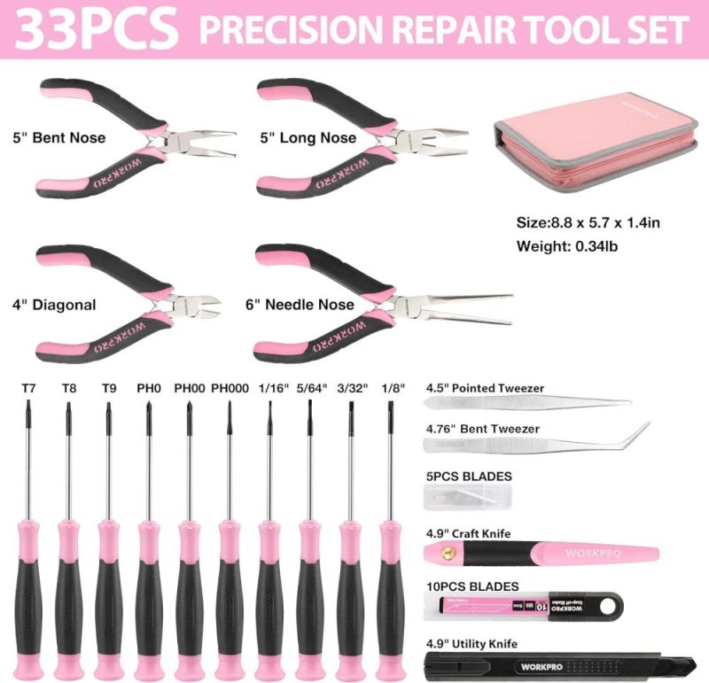 Set de 33 pièces d’outils de précision comprend un ensemble de pinces, un ensemble de tournevis, un couteau de bricolage et d’utilité, des pincettes, un kit d’outils de réparation électronique avec pochette pour ordinateurs portables, téléphones, ordinateurs – Ruban rose | Sets de Tournevis