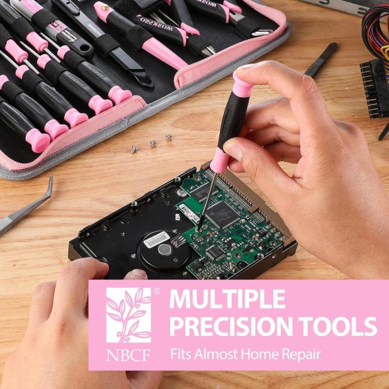 Set de 33 pièces d’outils de précision comprend un ensemble de pinces, un ensemble de tournevis, un couteau de bricolage et d’utilité, des pincettes, un kit d’outils de réparation électronique avec pochette pour ordinateurs portables, téléphones, ordinateurs – Ruban rose | Sets de Tournevis