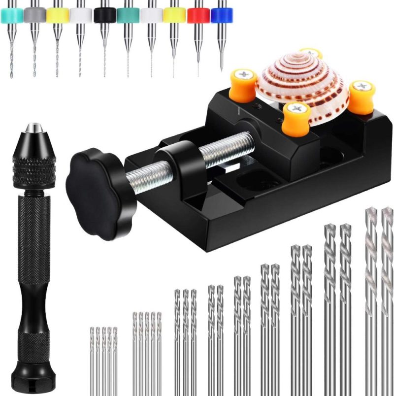 Set de 37 pièces de perceuse manuelle, perceuse à pinces, perceuse miniature mini foret à spirale, étau pour sculpture artisanale en résine DIY fabrication de bijoux (foret PCB de 0,3 à 1,2 mm) | Étaux