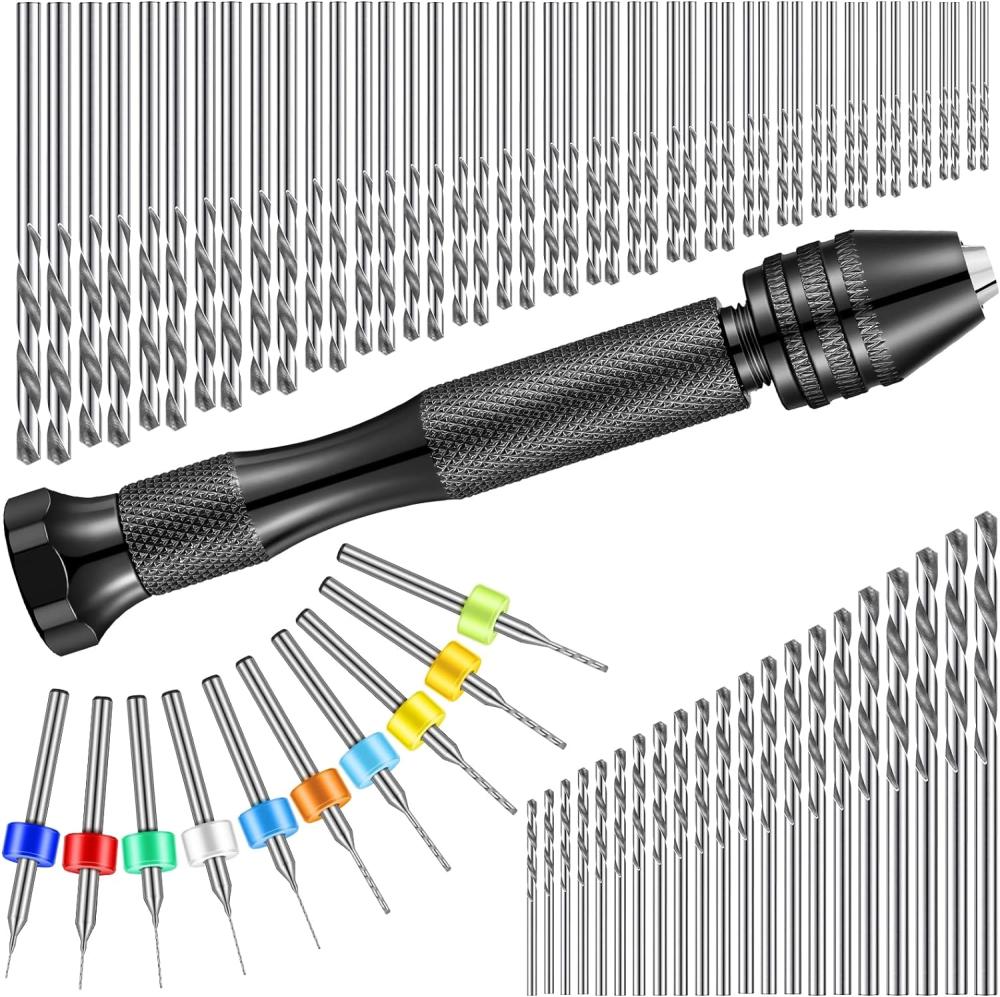 Set de 95 pièces de forets à main, pince à main noire, 74 pièces de forets à torsion micro et 20 pièces de forets mini PCB pour artisanat en résine et pâte polymère DIY bijoux (0,1-1 mm, forets de couleur aléatoire) | Étaux