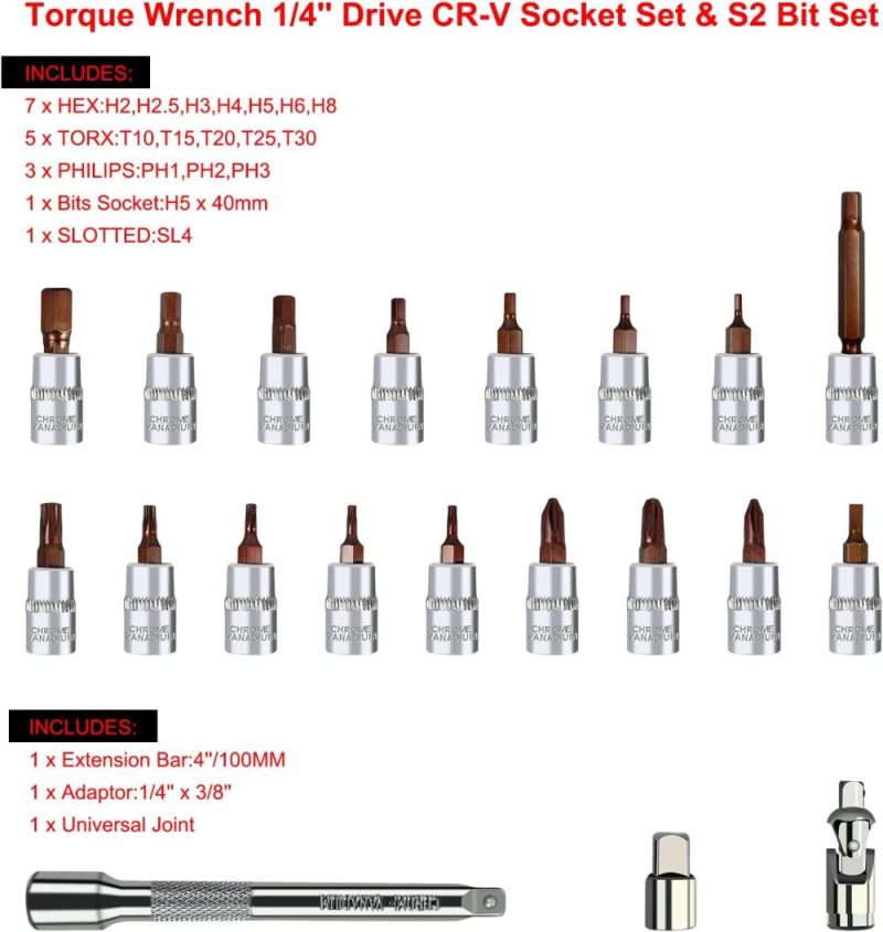 Set de clé dynamométrique de 22 pièces pour vélo, clé à cliquet de 1/4 pouce, 17,7-194,7 lb-pouce / 2-22 Nm, trousse à outils pour vélo avec clé Allen, jeu de bits Torx et jeu de clés à cliquet réversibles à double direction. | Clés Dynamométriques