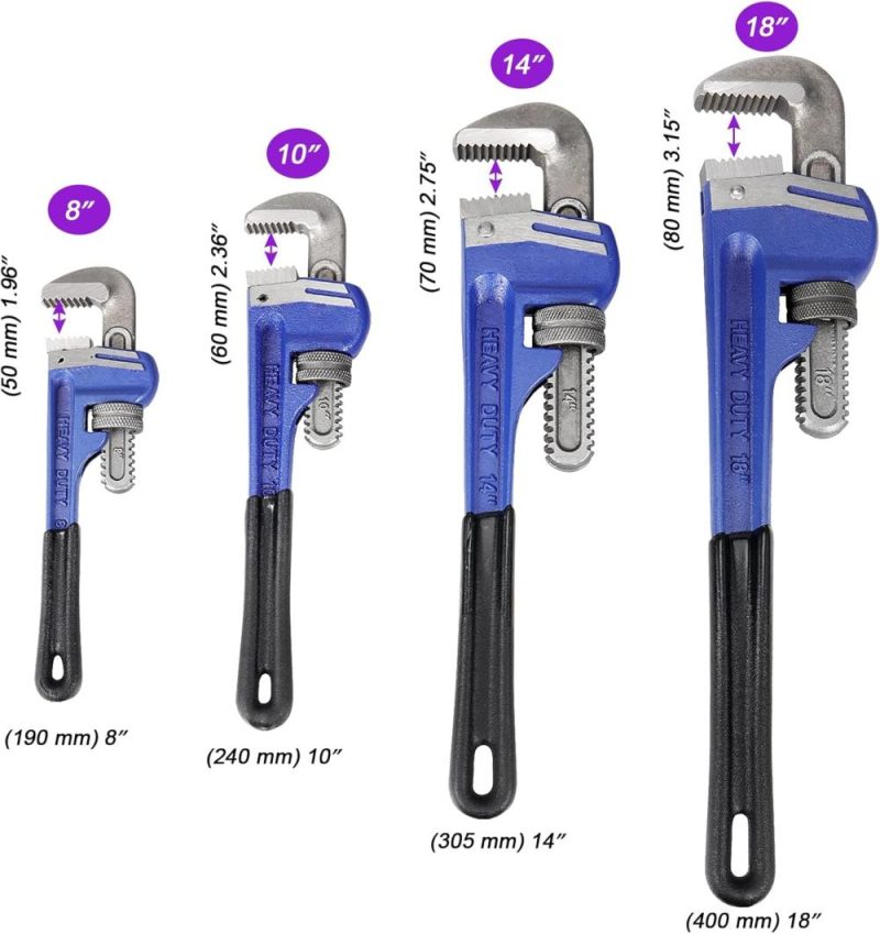 Set de clés à molette 4 pièces 8, 10, 14, 18 pouces, clés de plomberie réglables en fonte traitée à chaud, clés à pipe droites avec prise douce et mâchoires réglables, outils à main robustes pour la réparation. | Clé à Pipe