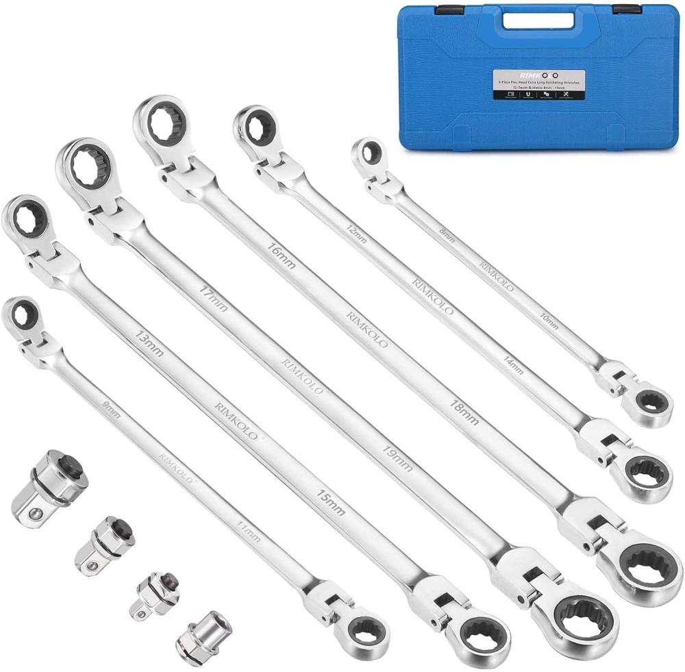 Set de clés à molette à tête flexible extra longue de 6 pièces, ensemble de clés à double embout à 72 dents, clés à molette en acier Cr-V avec métrique de 8 mm à 19 mm | Clé à Coffret