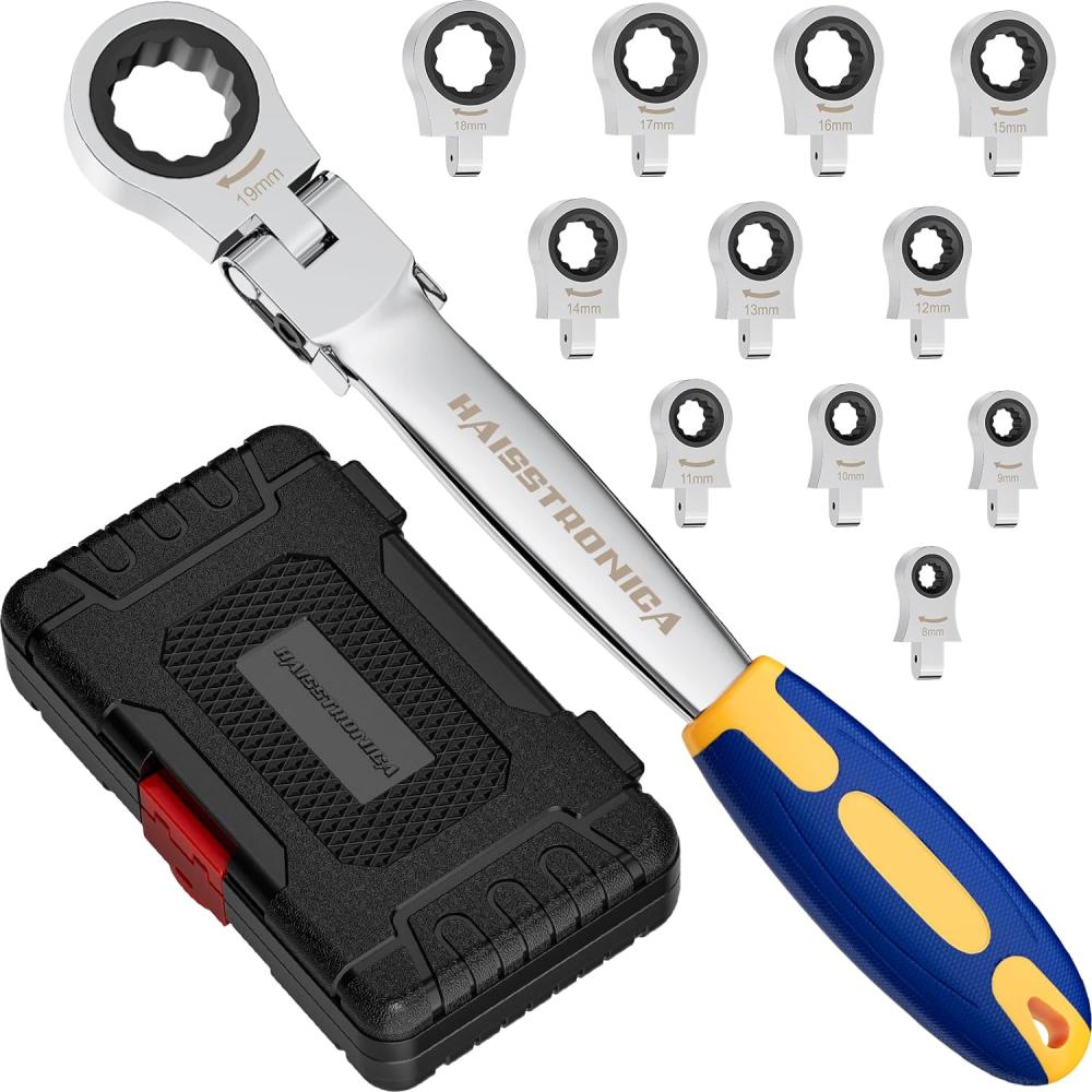 Set de clés à molette combinées à tête interchangeable 12 en 1, clé à cliquet à tête flexible métrique de 8 à 19 mm pour automobile, outils pour hommes, cadeaux. | Clé à Douille