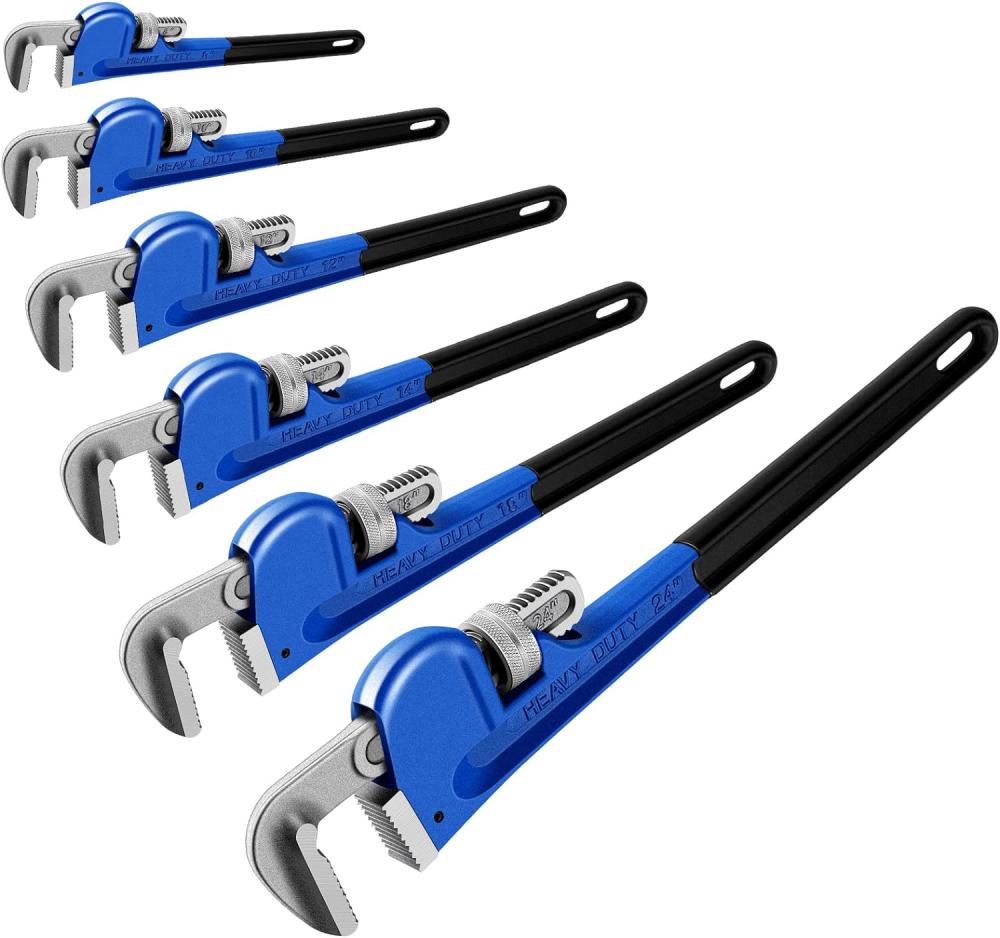 Set de clés à molette droit 6 pièces, clé de plombier en aluminium robuste, 8", 10", 12", 14", 18", 24", ensemble de clés à molette réglables en acier allié, outils de plomberie, bleu. | Clé à Pipe