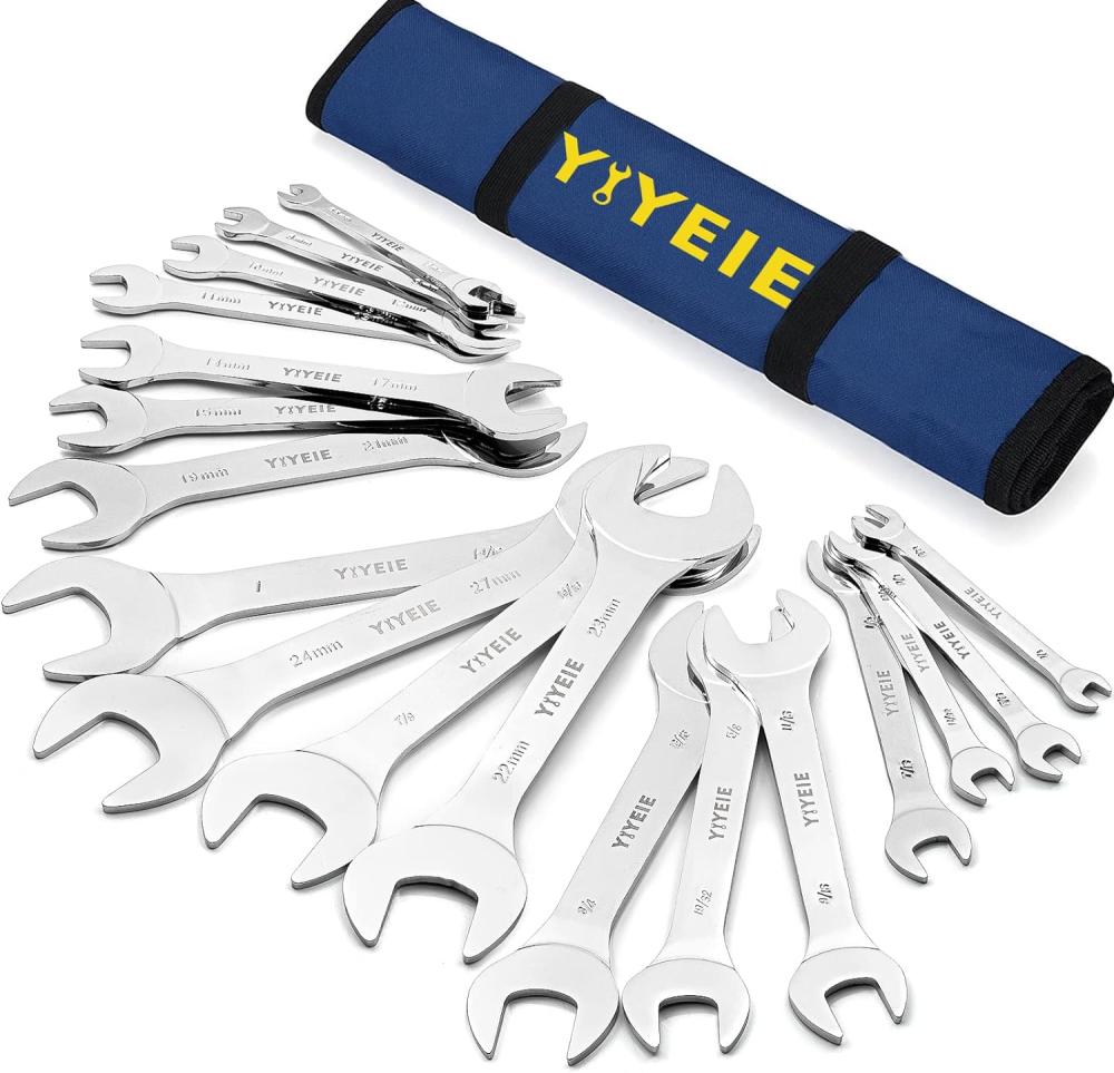 Set de clés à molette super fines de 18 pièces, métriques et SAE, de 5,5 mm à 27 mm, de 1/4" à 1-1/16", en acier Cr-V avec finition miroir, set de clés ultra fines avec pochette roulante. | Ouvertes