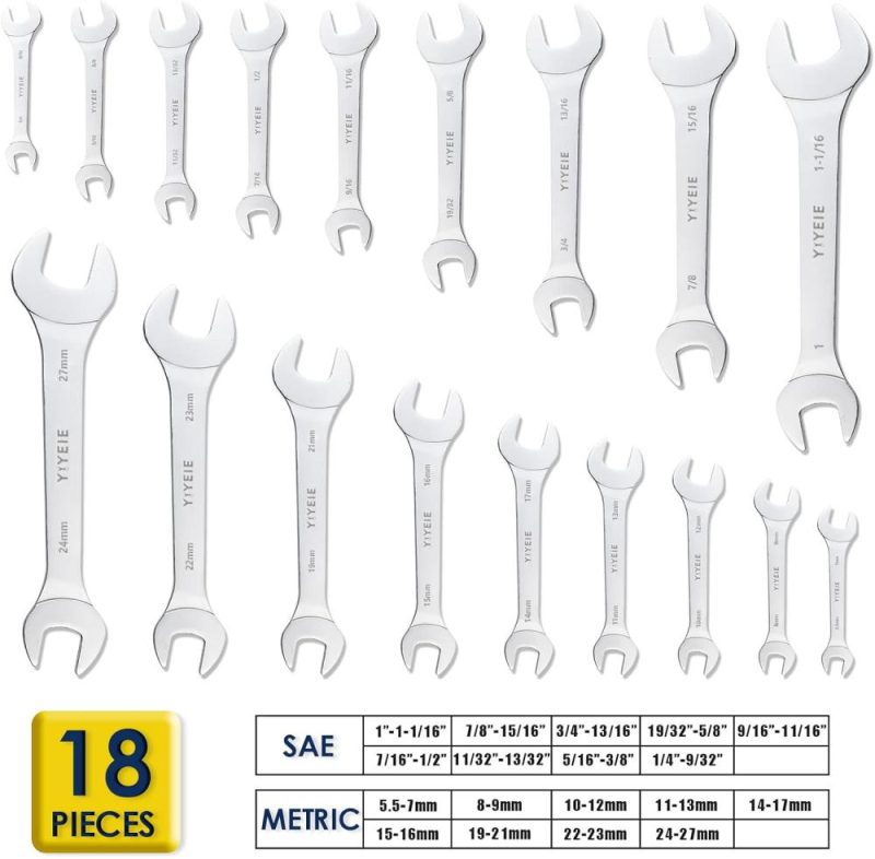 Set de clés à molette super fines de 18 pièces, métriques et SAE, de 5,5 mm à 27 mm, de 1/4" à 1-1/16", en acier Cr-V avec finition miroir, set de clés ultra fines avec pochette roulante. | Ouvertes