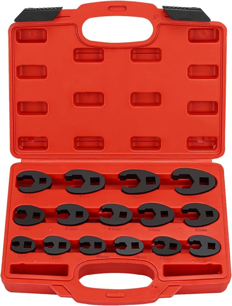 Set de clés Crowfoot de 15 pièces pour entraînement de 3/8" et 1/2", clés Crowfoot 8 mm-24 mm, kit d’outils pour écrous à flare, ensemble de clés à écrous à flare, ensemble de clés à ouverture. | Ouvertes