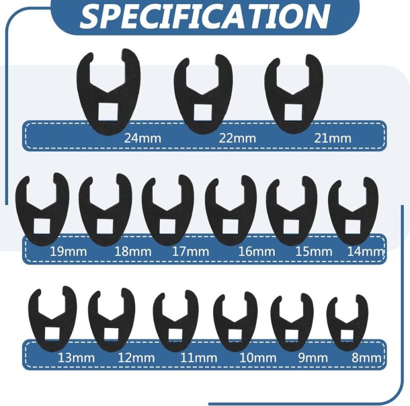 Set de clés Crowfoot de 15 pièces pour entraînement de 3/8" et 1/2", clés Crowfoot 8 mm-24 mm, kit d’outils pour écrous à flare, ensemble de clés à écrous à flare, ensemble de clés à ouverture. | Ouvertes