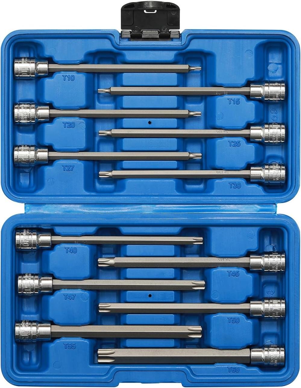 Set de douilles Torx extra longues de 12 pièces, 3/8" de prise, en Cr-V et acier S2, longueur de 5,9", douilles à embout étoile, T10 – T60 | Douilles à Entraînement Individuel