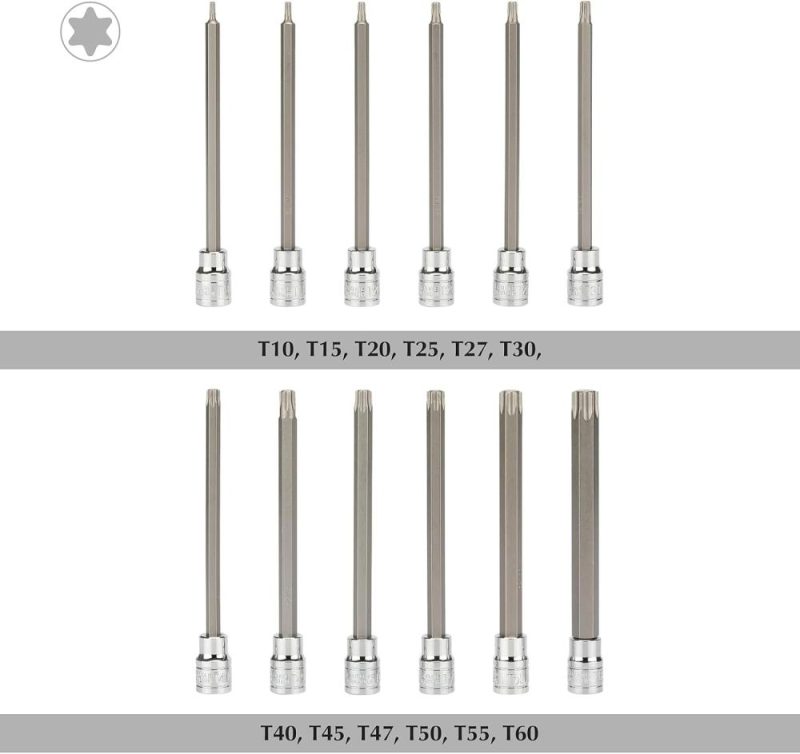 Set de douilles Torx extra longues de 12 pièces, 3/8" de prise, en Cr-V et acier S2, longueur de 5,9", douilles à embout étoile, T10 – T60 | Douilles à Entraînement Individuel