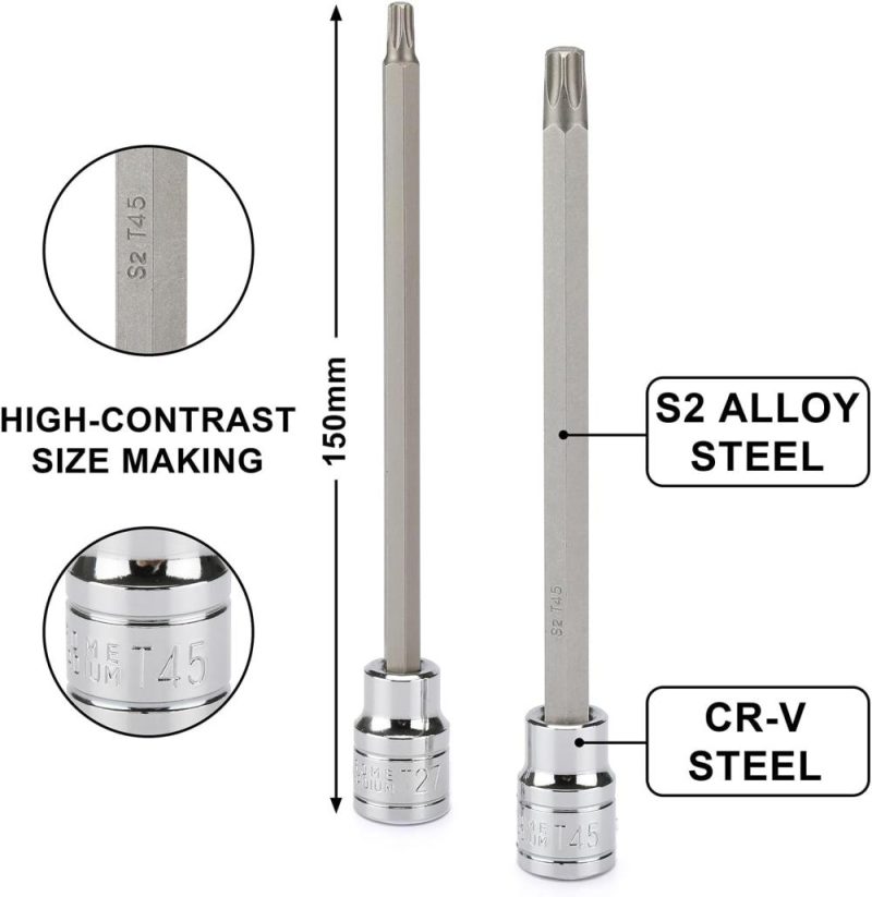 Set de douilles Torx extra longues de 12 pièces, 3/8" de prise, en Cr-V et acier S2, longueur de 5,9", douilles à embout étoile, T10 – T60 | Douilles à Entraînement Individuel