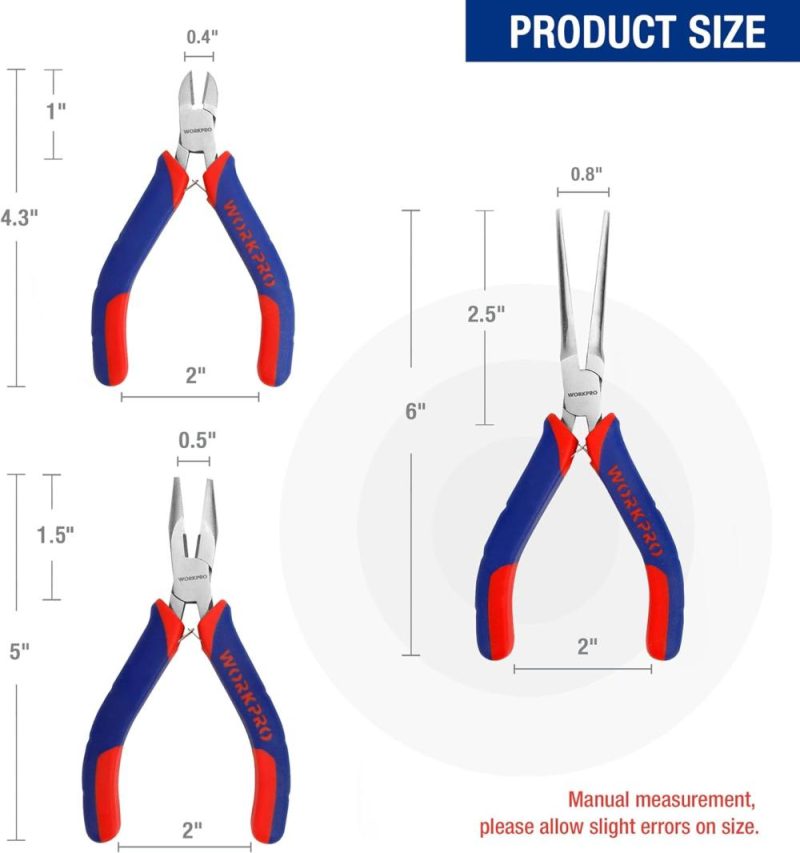 Set de mini pinces, kit d’outils de petites pinces de 3 pièces comprenant une pince diagonale de 4", une pince à long bec de 5" et une pince à nez de 6", pour la création de bricolages et la réparation d’appareils électroniques. | Pinces à Becs Pointus