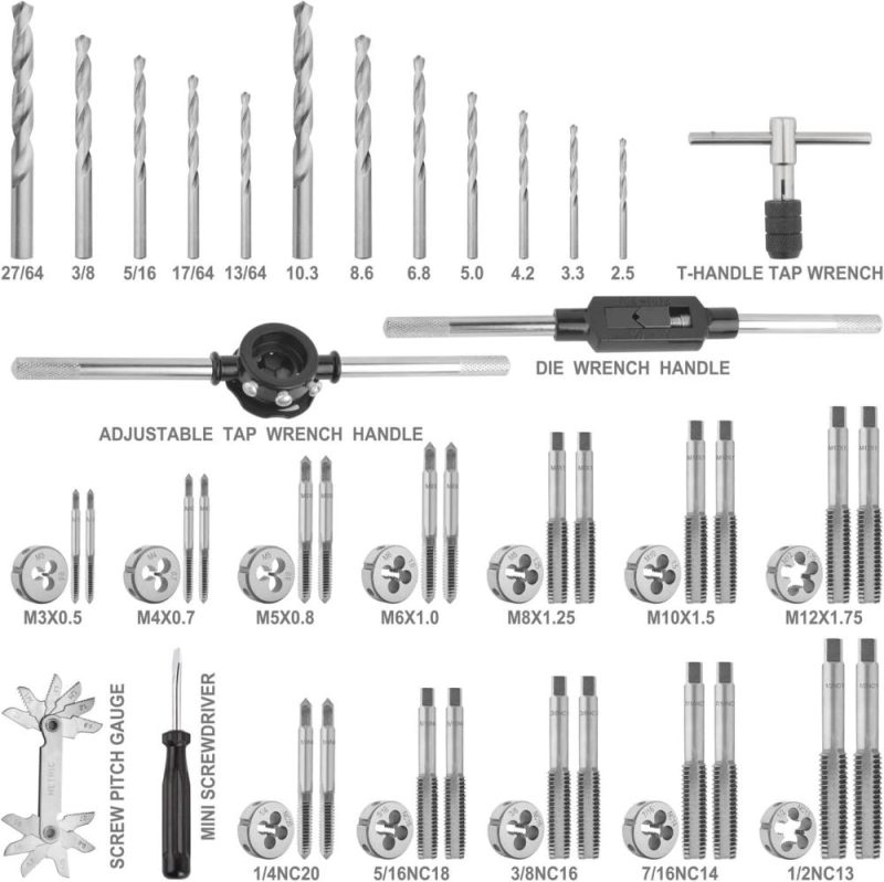 Set de taraud et filière Gunpla 52 pièces (métrique et SAE), kit de coupe en acier allié avec boîte de rangement en métal rouge, pour garage, atelier, mécaniciens, coupe de filets externes et internes. | Sets de Tarauds et de Matrices