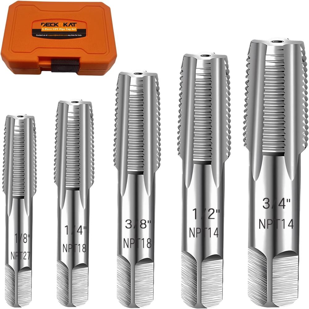 Set de tarros NPT de 5 pièces, ensemble de tarros NPT en acier carbone de précision pour des filetages propres et précis, tarros NPT de 3/4", 1/2", 3/8", 1/4", 1/8", parfait pour les plombiers, mécaniciens et bricoleurs, avec un boîtier en plastique durable. | Tarauds de Filetage