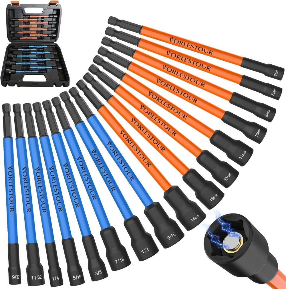 Set de tournevis à douille magnétique Vorlestour 16 pièces – Set de tournevis à douille SAE et métrique pour perceuse à percussion – Set de tournevis à douille de 6 pouces avec tige hexagonale de 1/4", ensemble de douilles magnétiques avec boîte à outils robuste. | Tourne-écrous