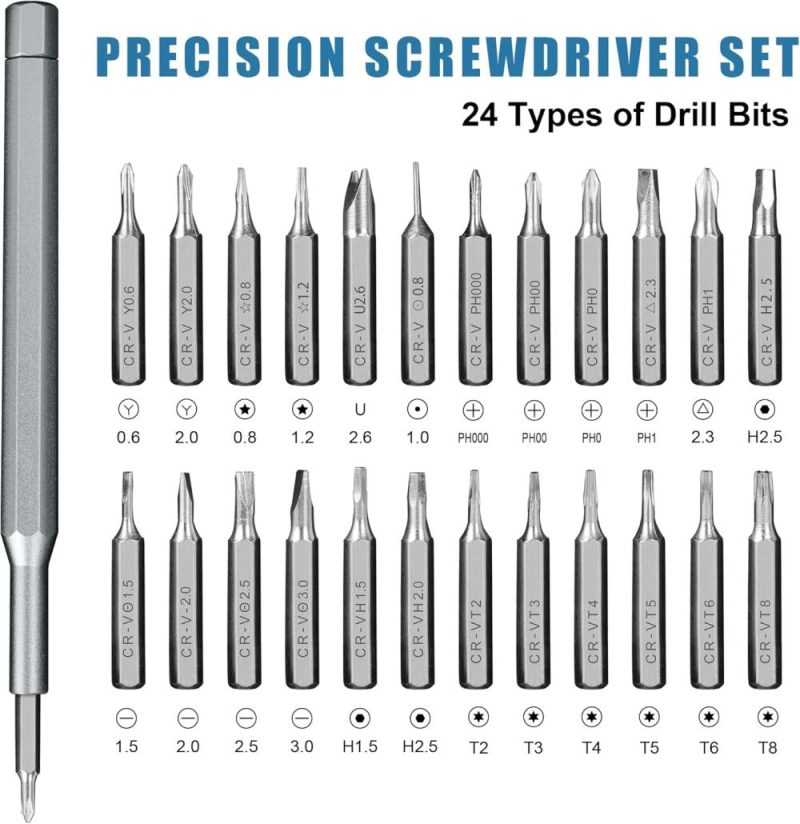 Set de tournevis de précision 24-en-1, ensemble de tournevis mini professionnels magnétiques pour la réparation d’électronique, kits d’outils mini pour la réparation d’ordinateurs, de téléphones, de montres, d’ordinateurs portables, de lunettes – acier allié. | Sets de Tournevis