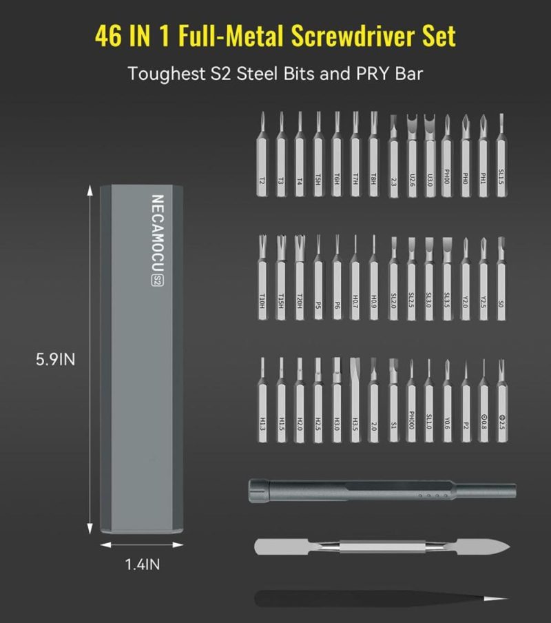 Set de tournevis de précision avec les embouts S2 les plus robustes, kit d’outils de réparation magnétique mini durable 46 en 1 pour l’électronique, petit set de tournevis pour ordinateur, téléphone, ordinateur portable, montre, lunettes, bijoux. | Sets de Tournevis