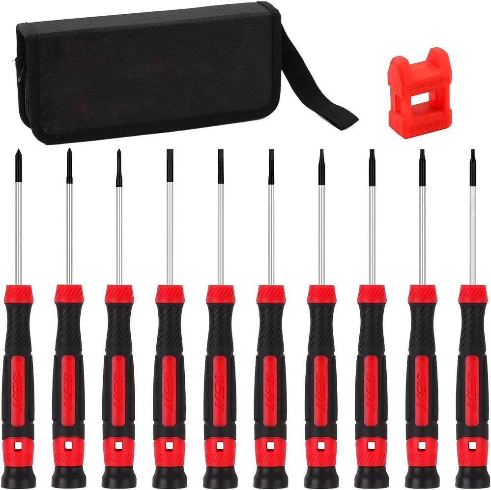 Set de tournevis de précision de 11 pièces – Mini tournevis magnétiques pour lunettes, montres, ordinateurs, ordinateurs portables, téléphones – Phillips, fente, Torx, poignée antidérapante, sac de rangement portable inclus | Sets de Tournevis