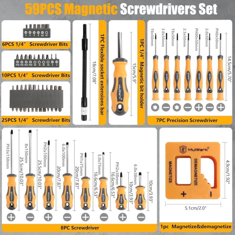 Set de tournevis magnétique 59 pièces en acier chrome vanadium, set de tournevis à poignée en caoutchouc au design ergonomique avec étui, fente, Phillips, hexagonal, Pozidriv, Torx et précision, magnétiseur démagnétiseur. | Sets de Tournevis