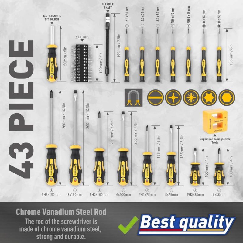 Set de tournevis magnétiques avec étui, 43 pièces incluant des tournevis fendus, cruciformes, hexagonaux, Pozidriv, Torx et un ensemble de tournevis de précision, outils magnétiseur et démagnétiseur, outils pour hommes. | Sets de Tournevis