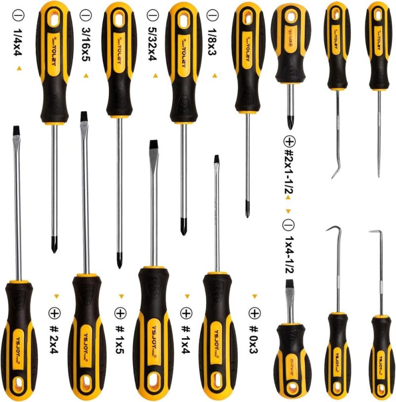 Set de tournevis magnétiques de 14 pièces, 5 embouts Phillips et 5 embouts plats avec 4 crochets et picks – Seau de rangement (14 pièces) | Tournevis