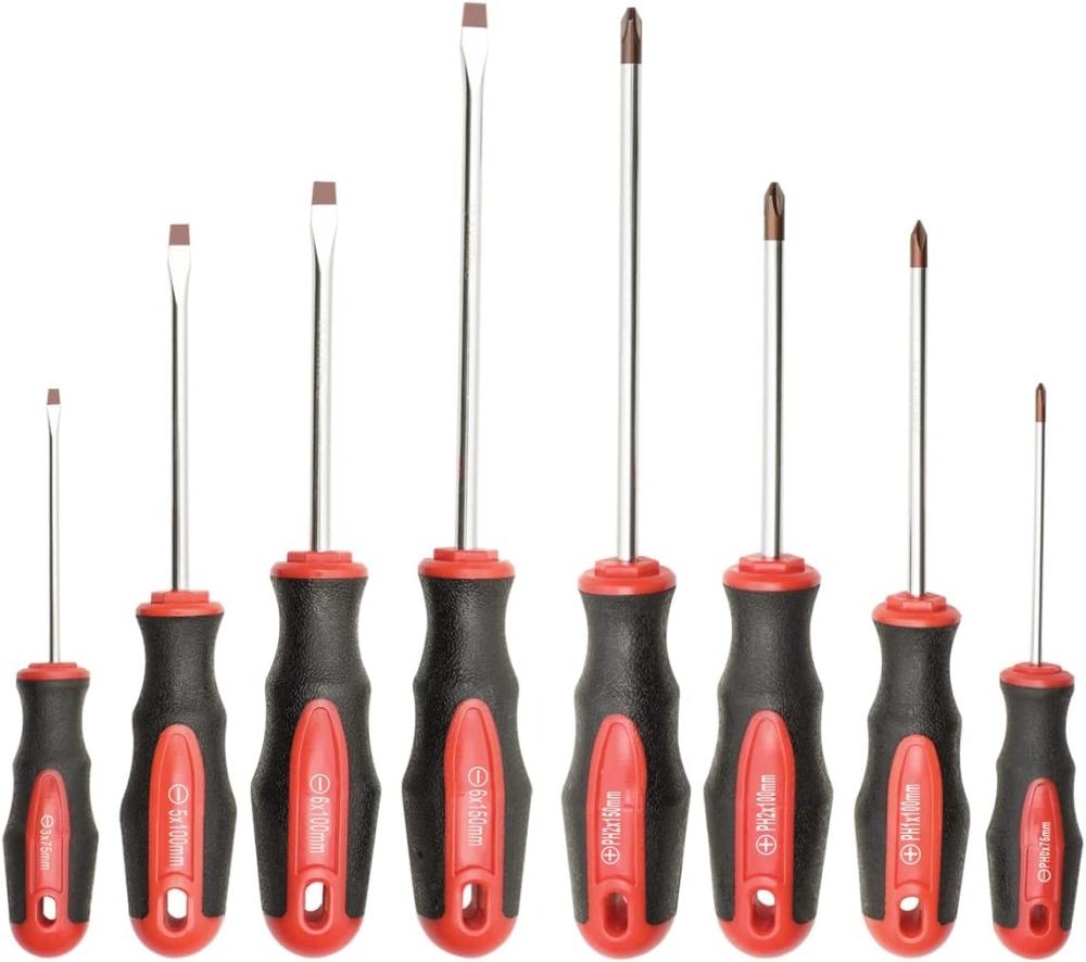 Set de tournevis magnétiques de 8 pièces avec embout rouge, 4 embouts Phillips et 4 embouts fendus, ensemble de tournevis à prise rembourrée professionnelle avec couple élevé. | Sets de Tournevis