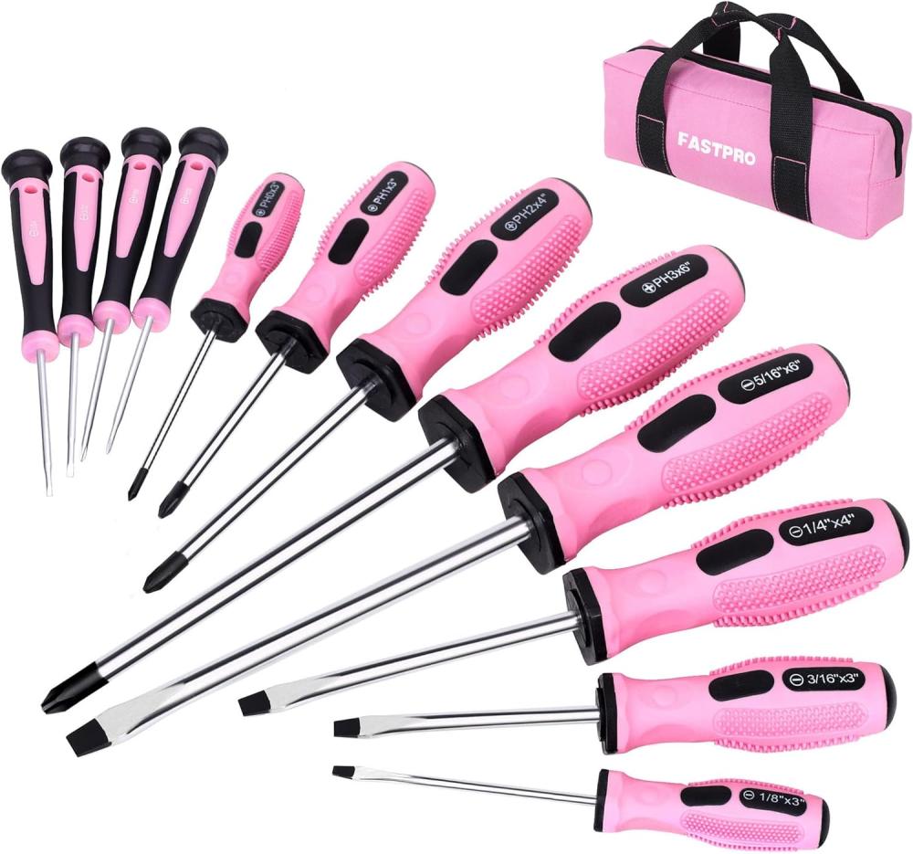 Set de tournevis magnétiques roses de 12 pièces avec tournevis à fente, tournevis Phillips et tournevis de précision, kit d’outils de réparation pour femmes avec sac de rangement. | Sets de Tournevis