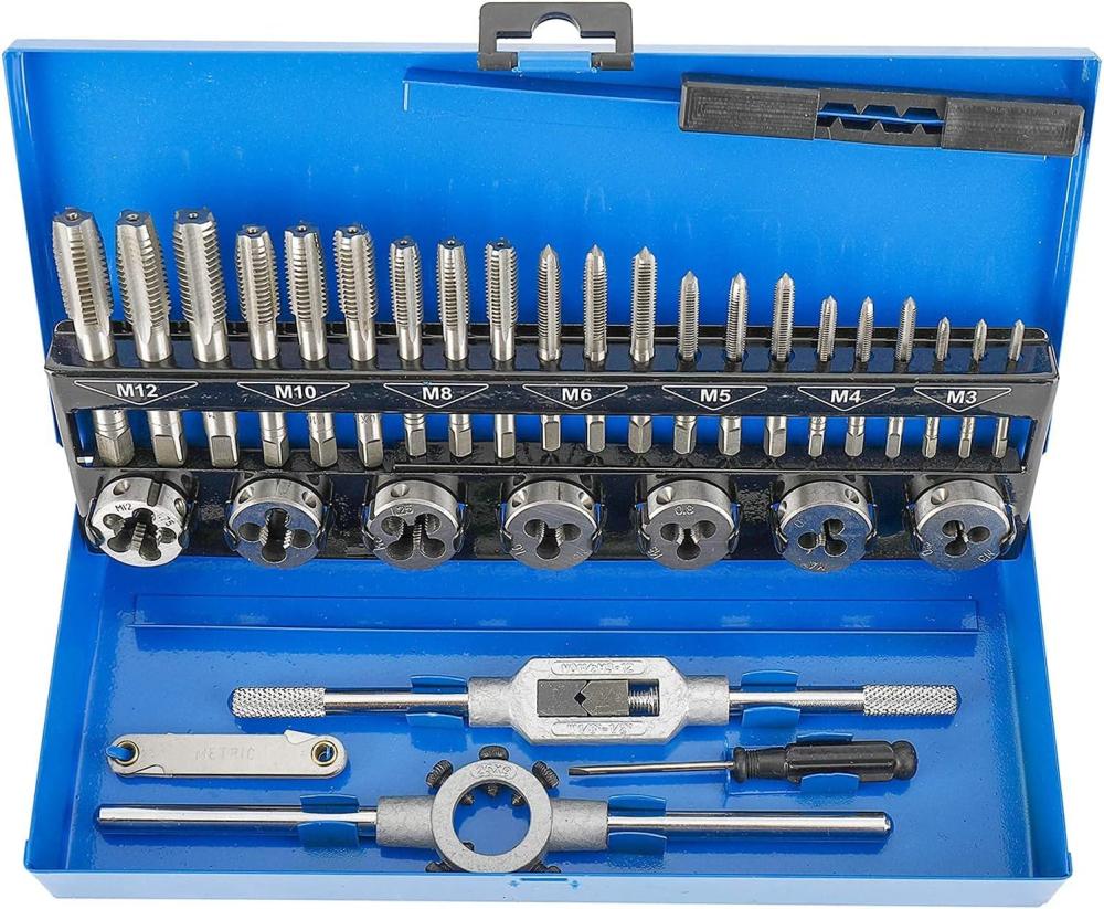 Toolly 32 pièces ensemble de filières et de tarauds, ensemble d’outils en acier durci métrique, outil essentiel de filetage et de refiletage avec boîte de rangement, parfait pour la réparation automobile et de machines. | Sets de Tarauds et de Matrices