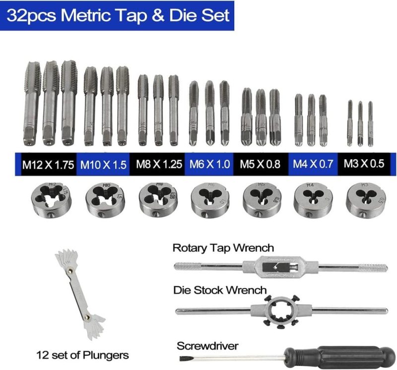 Toolly 32 pièces ensemble de filières et de tarauds, ensemble d’outils en acier durci métrique, outil essentiel de filetage et de refiletage avec boîte de rangement, parfait pour la réparation automobile et de machines. | Sets de Tarauds et de Matrices