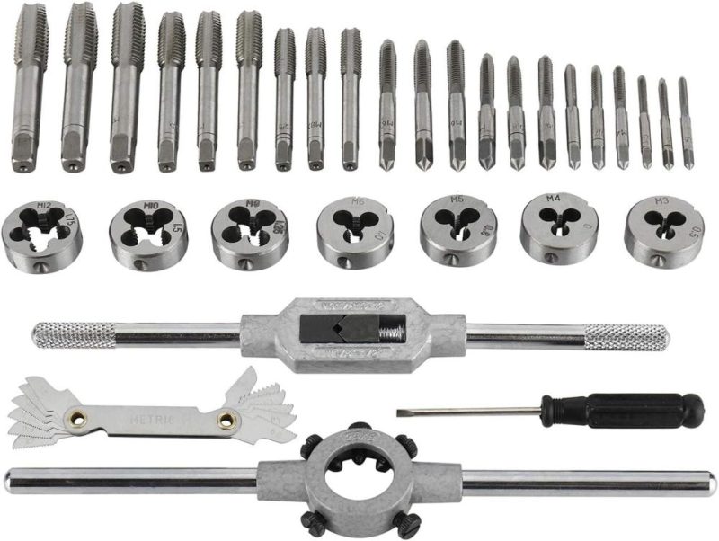 Toolly 32 pièces ensemble de filières et de tarauds, ensemble d’outils en acier durci métrique, outil essentiel de filetage et de refiletage avec boîte de rangement, parfait pour la réparation automobile et de machines. | Sets de Tarauds et de Matrices