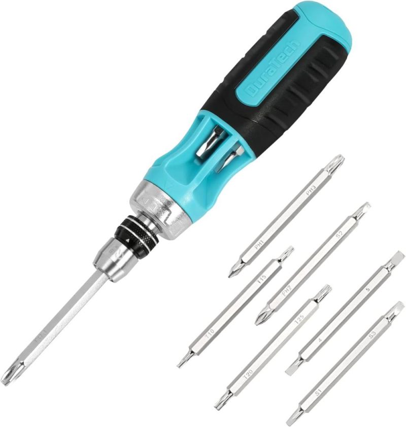 Tournevis à cliquet, tournevis multi-embouts 12-en-1, acier S2 de qualité supérieure, mécanisme de chargement rapide d’embouts innovant, avec embouts Phillips, fendus, Torx et carrés rangés dans le manche. | Verseurs à Embouts Multiples