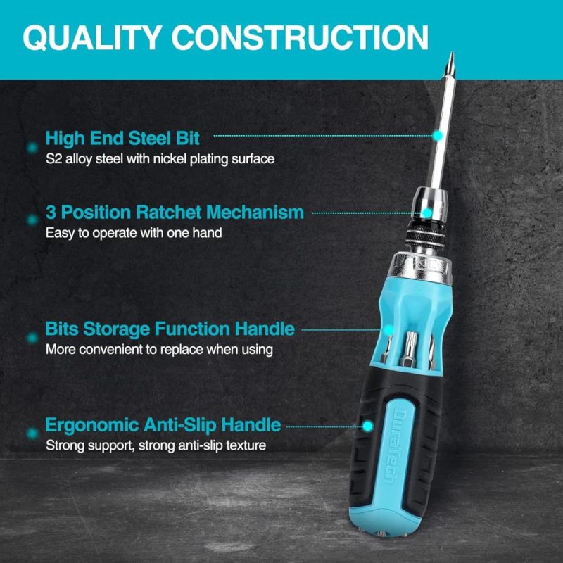 Tournevis à cliquet, tournevis multi-embouts 12-en-1, acier S2 de qualité supérieure, mécanisme de chargement rapide d’embouts innovant, avec embouts Phillips, fendus, Torx et carrés rangés dans le manche. | Verseurs à Embouts Multiples