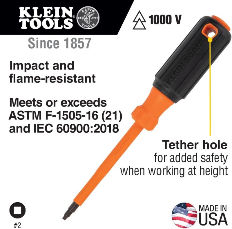 Tournevis isolé 6844Ins, tournevis à tête carrée #2 1000V avec tige de 4 pouces, identification de la pointe, poignée à prise confortable. | Tournevis